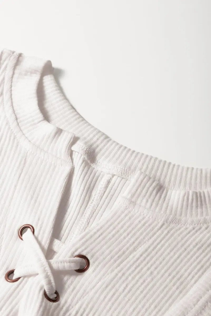 White Ribbed Texture Lace Patchwork Short Sleeve Top for Women - Love Salve